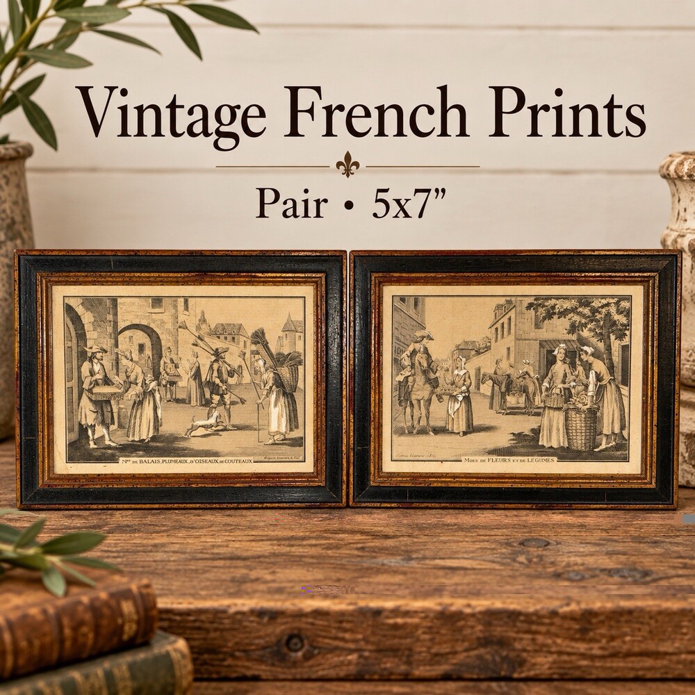 Vintage French Street Vendor Prints Pair 5x7 Black Gold Framed Market Art